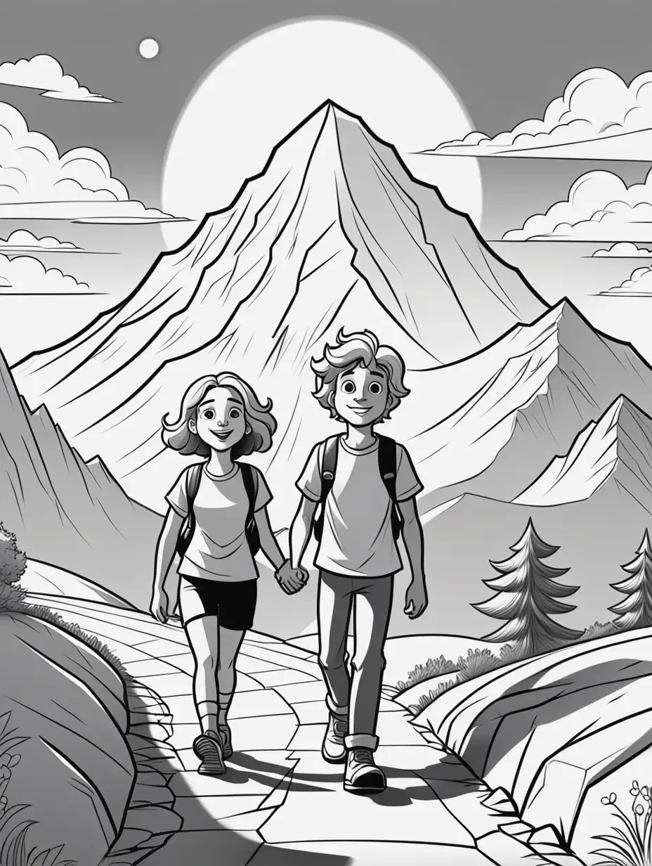 Cartoon Coloring Page of Jules and Lina Walking Behind a Mountain Path