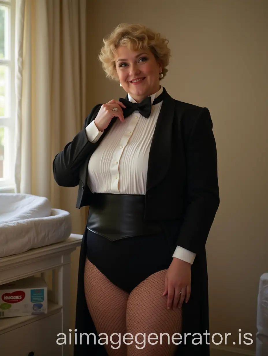 Smiling-MiddleAged-Woman-in-Formal-Orchestra-Tuxedo-at-Nursery-Changing-Table