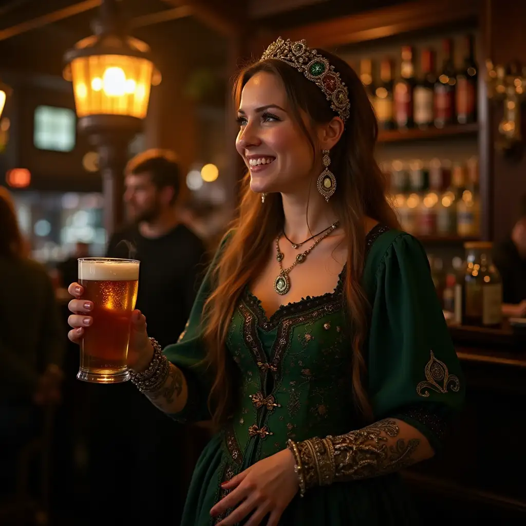 Celtic Maiden cartomancer in a Irish pub greeting guests