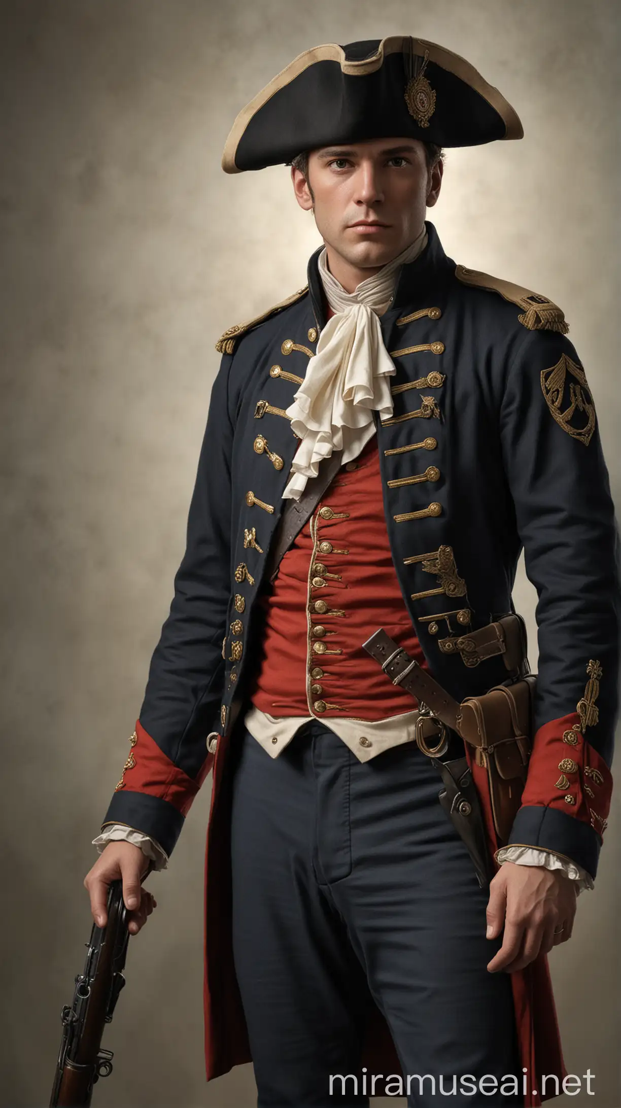 Show Houston as a soldier during the War of 1812, in period-appropriate military attire. hyper realistic