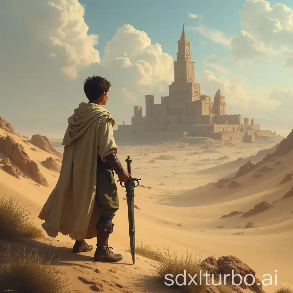 Lonely boy holds a broken sword and stands in the desert, gazing at an ancient city