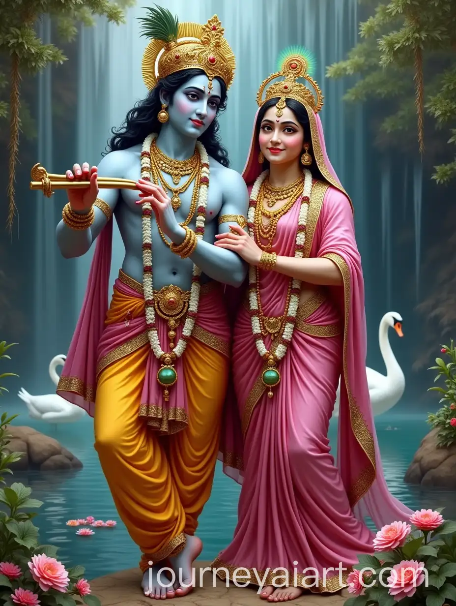 Radha-and-Krishna-by-a-Waterfall-with-Flowers-and-Swan-Smiling-and-Playing-Flute