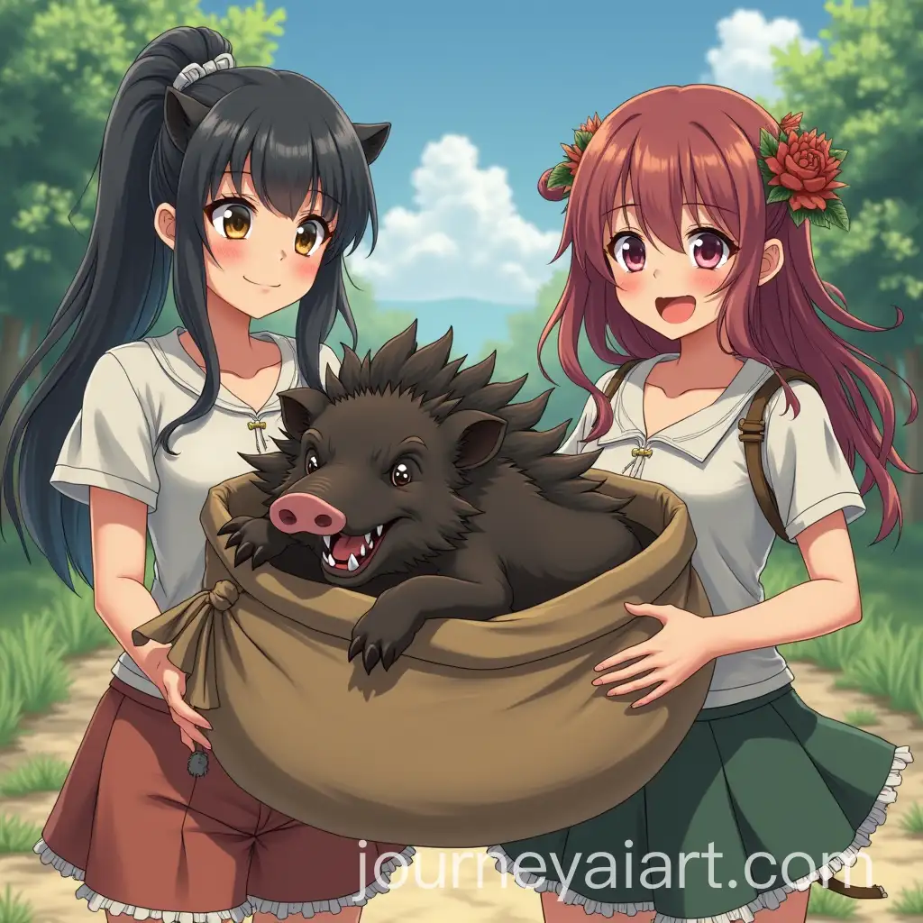 Anime-Woman-Holding-Wild-Boar-with-Companion-Preparing-to-Store-It-in-a-Sack