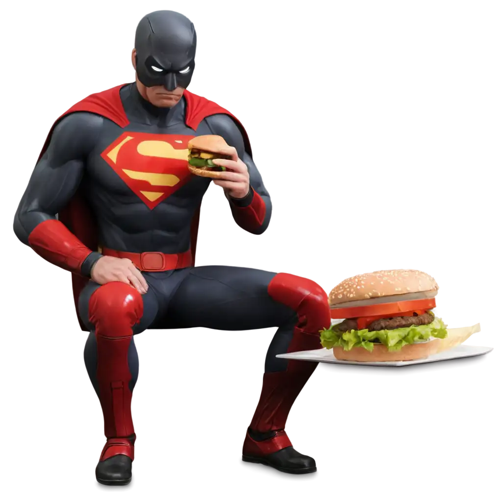 Supperman-Eating-Burger-PNG-Image-Whimsical-Artwork-of-a-Superhero-Enjoying-Fast-Food