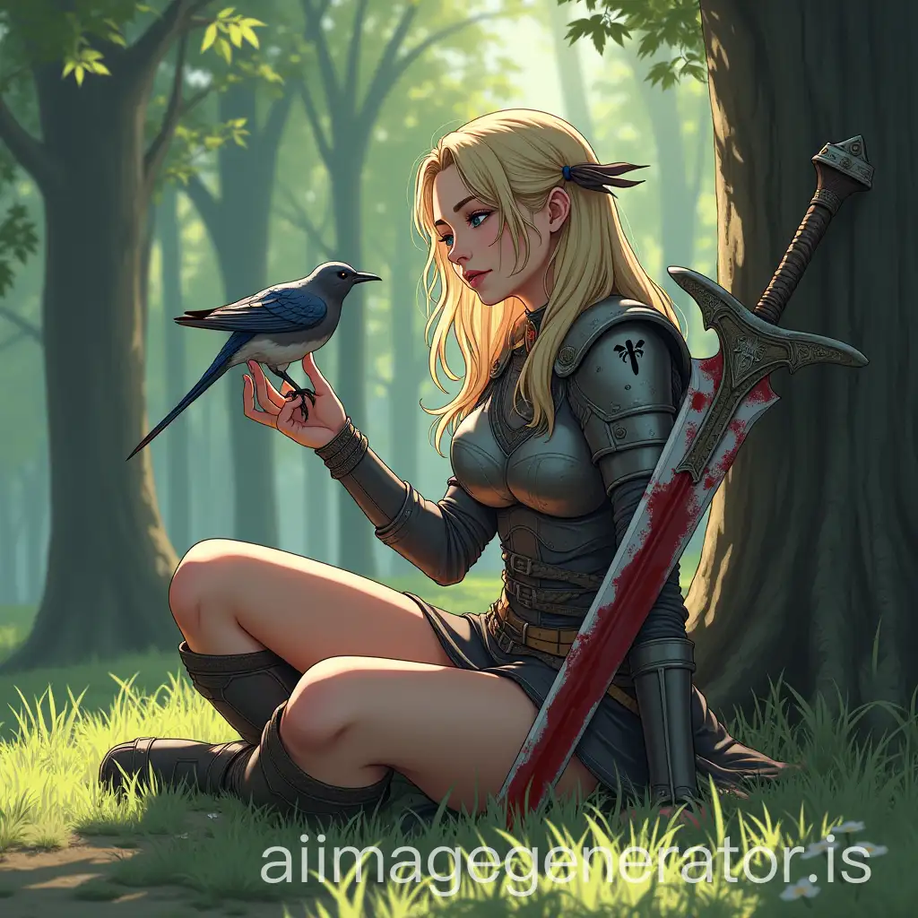 Valkyrie-Sitting-in-Forest-After-Battle-Gazing-at-Bird-with-Bloodstained-Sword