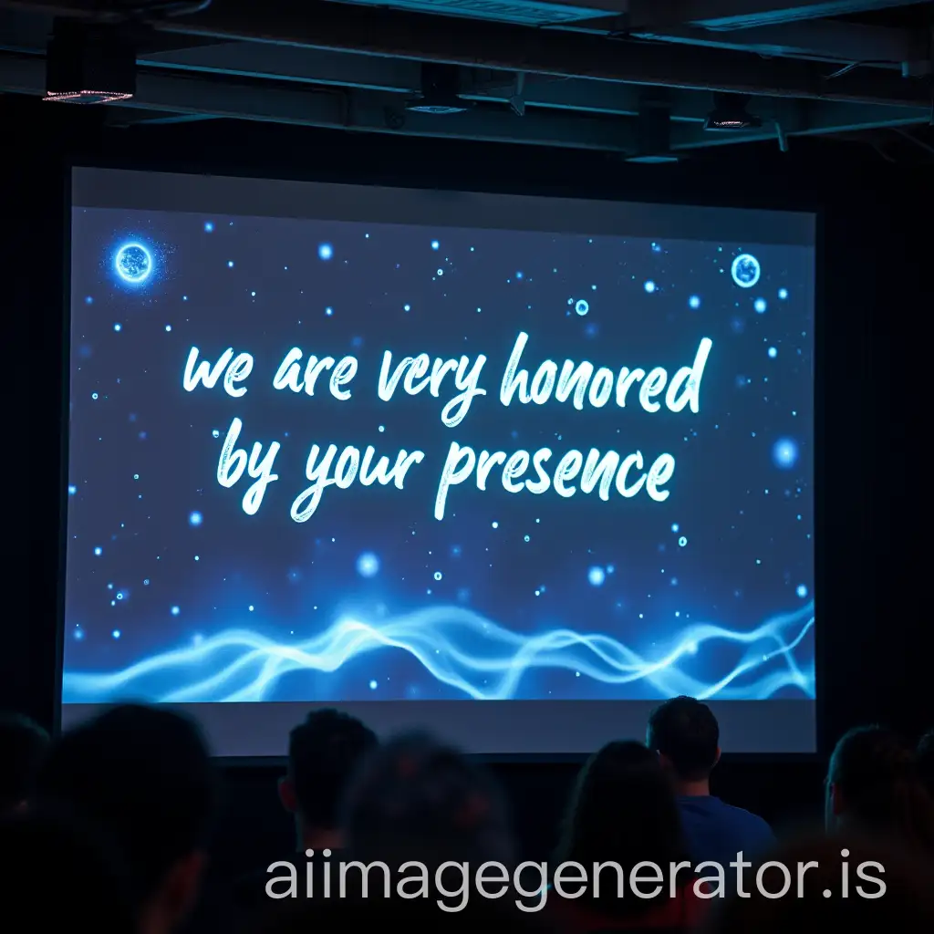 we want this writing as it is : {we are very honored by your presence} in a slide with an electric scientific theme