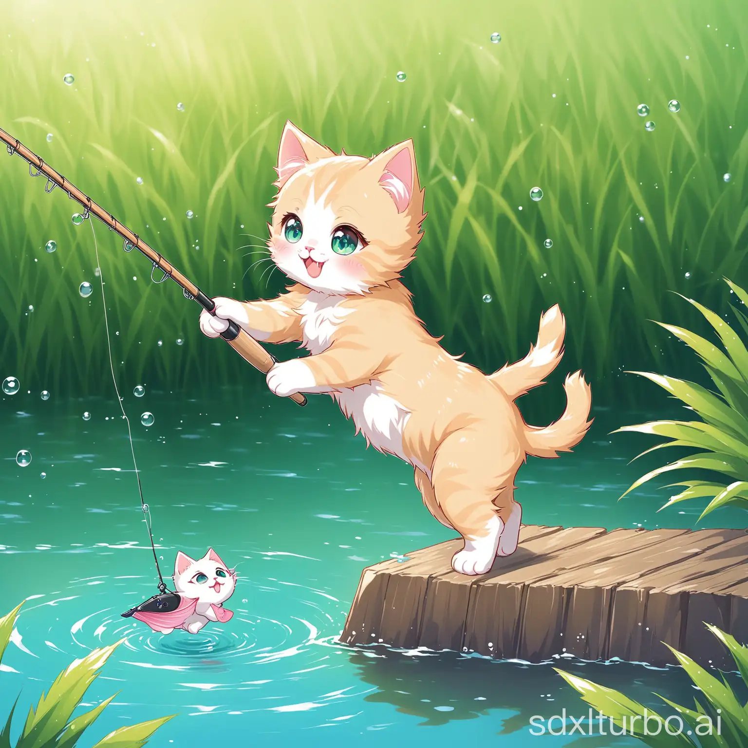 Adorable-Kitten-Playing-with-Fishing-Rod-Toy