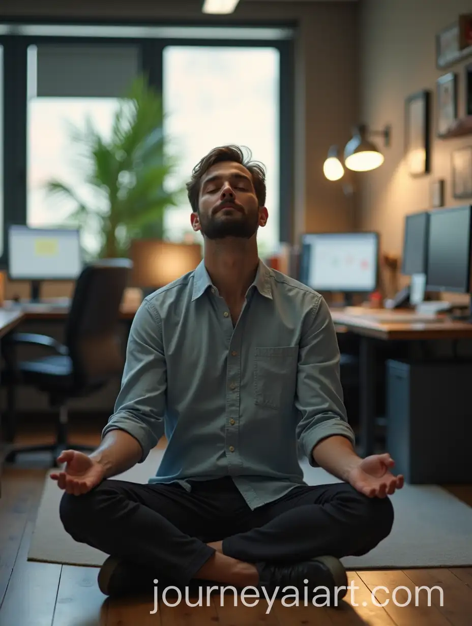 Entrepreneur-Meditating-in-Busy-Office-Environment