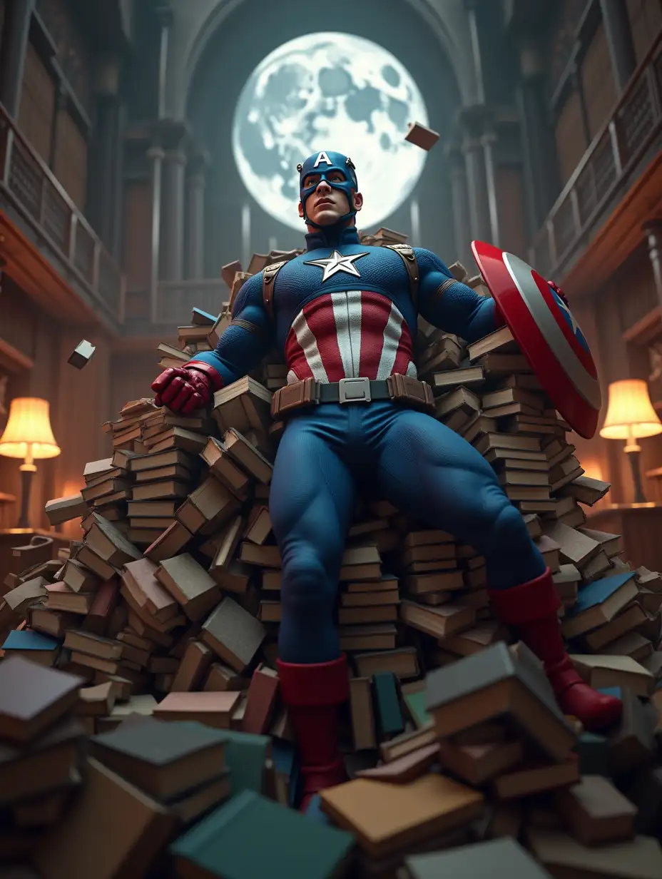 A highly detailed, ultra-realistic 3D render of Captain America in his classic blue suit with red and white stripes, a silver star on his chest, and an 'A' emblem on his mask. He is submerged in a massive pile of books in an old, grand library, struggling to escape as books float around him in mid-air. His expression is one of shock and determination, with his hands pushing through the books. The background features towering wooden bookshelves, a large moonlit window, and warm desk lamps casting a cinematic glow. The image is ultra-sharp, with realistic textures on his suit, gloves, and the leather-bound books, creating a dramatic and immersive scene.