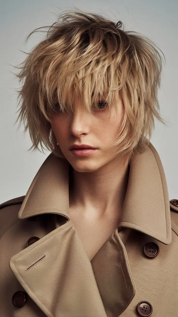 Sharp focus portrait of a woman with a textured inverted blonde bob, choppy layers, shorter back, longer front, cool icy blonde color, dynamic and modern shape, edgy and structured style, studio lighting, white background, high fashion editorial, Hasselblad X1D, XCD 80mm f/1.9 lens --ar 1:1