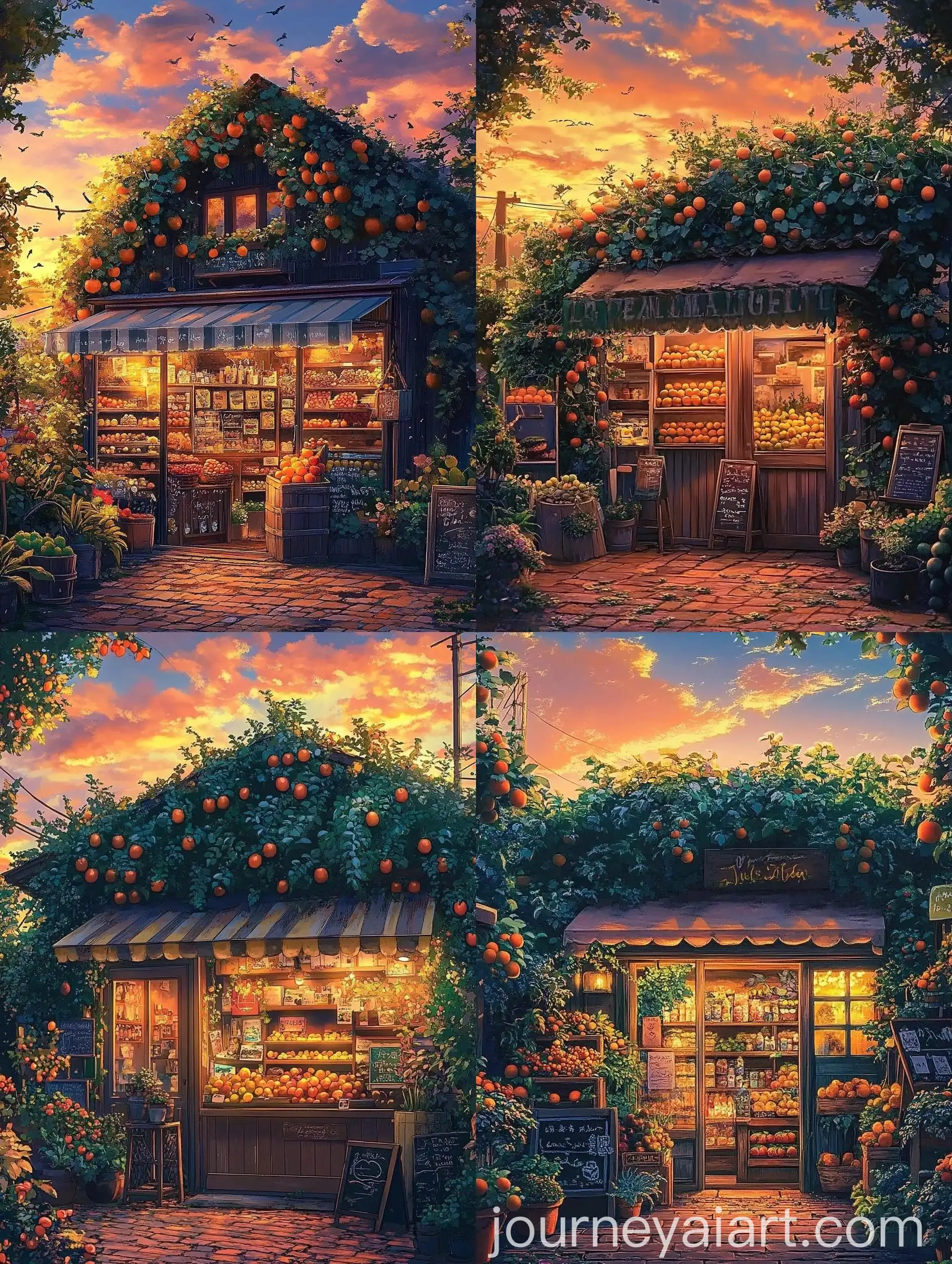 Rustic-Fruit-Shop-Surrounded-by-Lush-Plants-at-Sunset