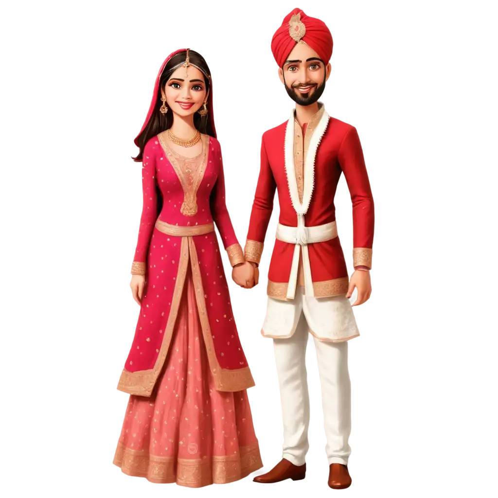 Indian-Hindu-Wedding-Caricature-PNG-Dark-Pink-Sharara-Bride-and-Red-Patiyala-Groom