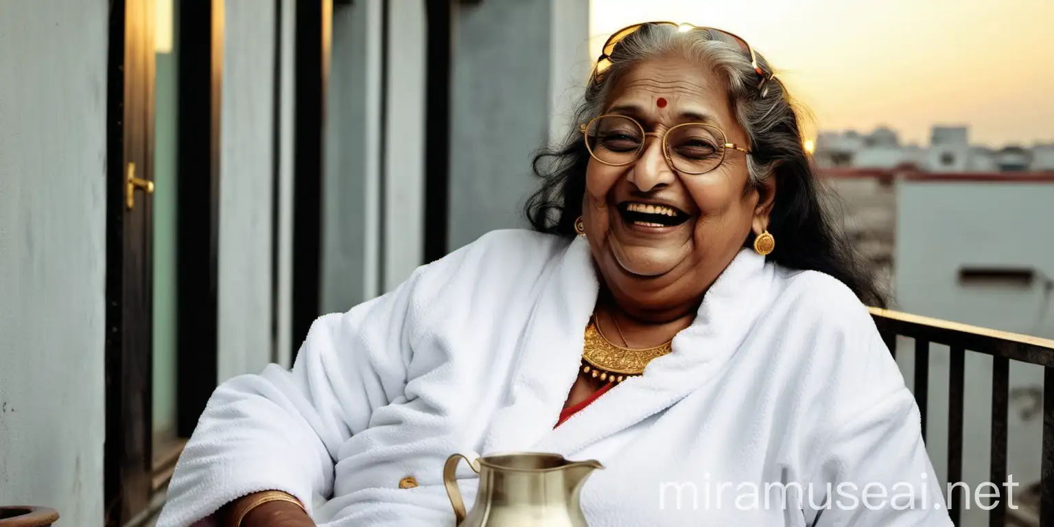 Joyful Indian Elderly Woman Laughing with Gold Jewelry on Terrace at Sunset
