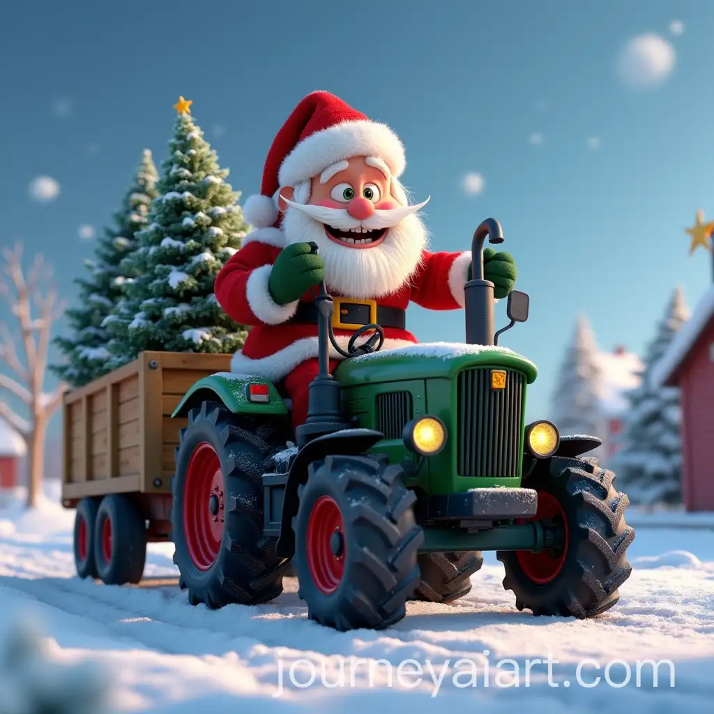 PixarStyle-Santa-Claus-Riding-Fendt-Tractor-with-Christmas-Trees-in-Trailer