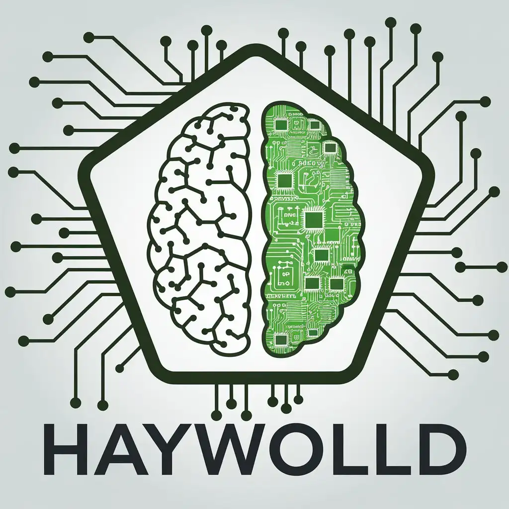 a vector logo design,with the text "Haywolld", main symbol:Brain from microchips in green pentagon,Moderate,clear background