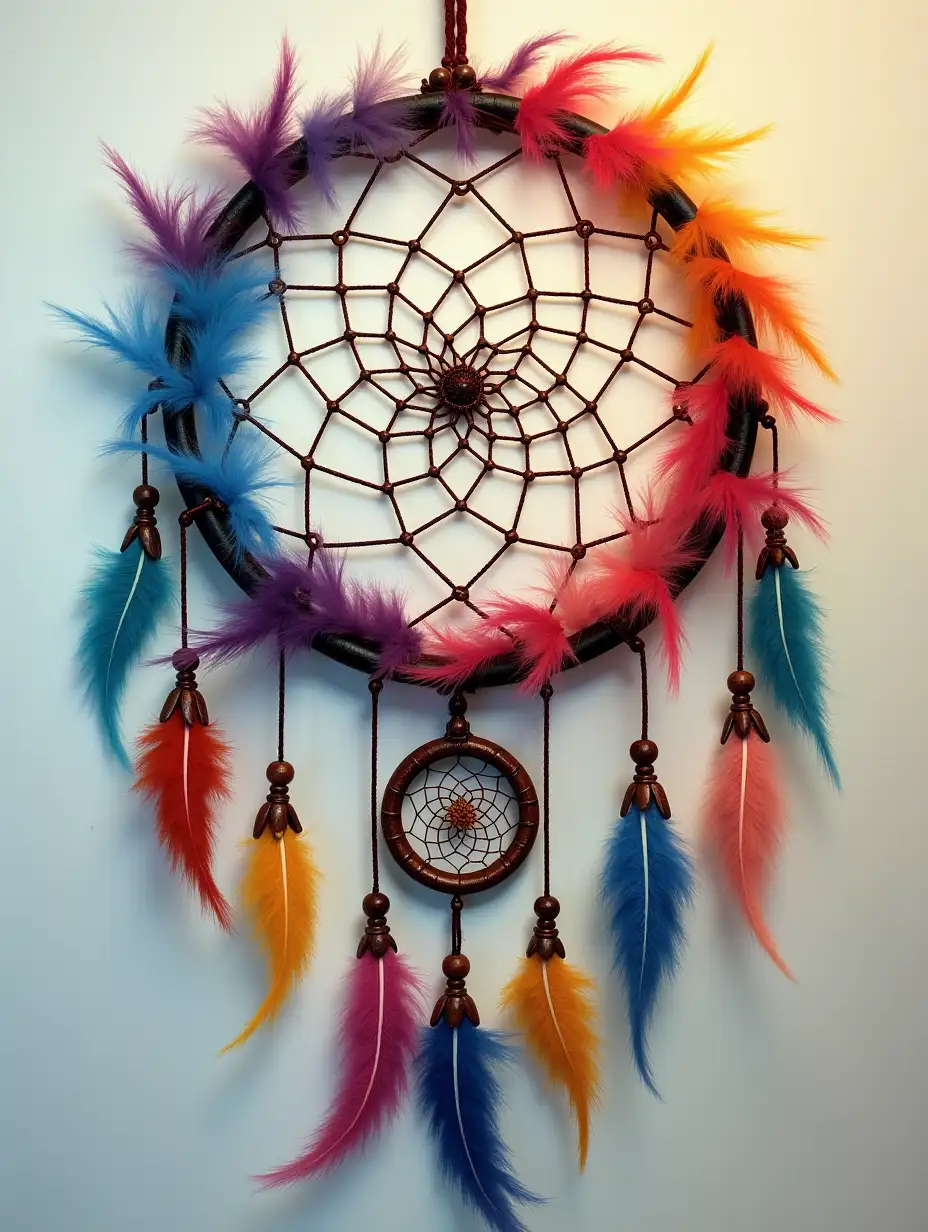 A dreamcatcher with colorful feathers and artistic elements.