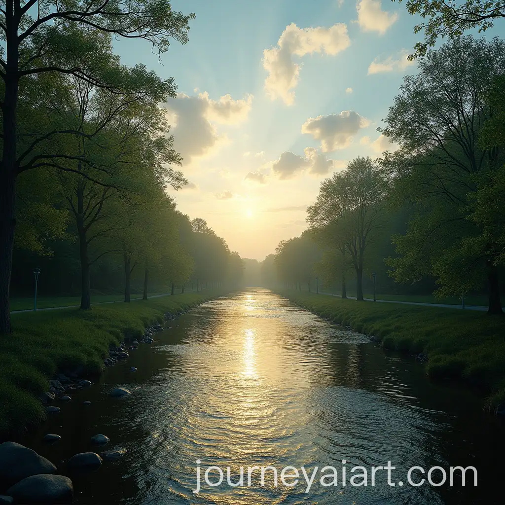 Tranquil-River-Scene-with-Sunlit-Trees-and-Blue-Sky