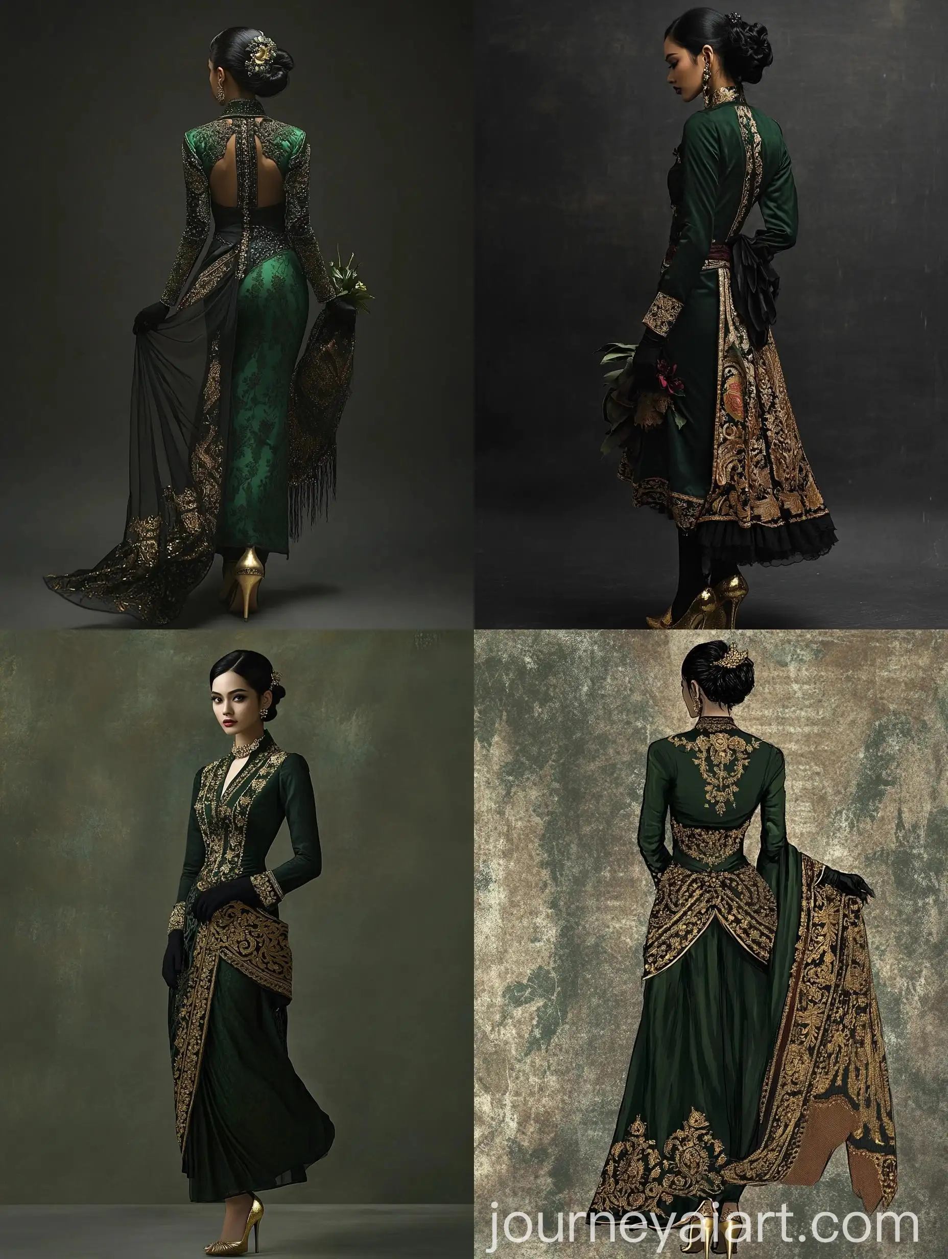 Traditional-Indonesian-Clothes-Dark-Green-Kebaya-with-Songket-and-Gold-Accessories