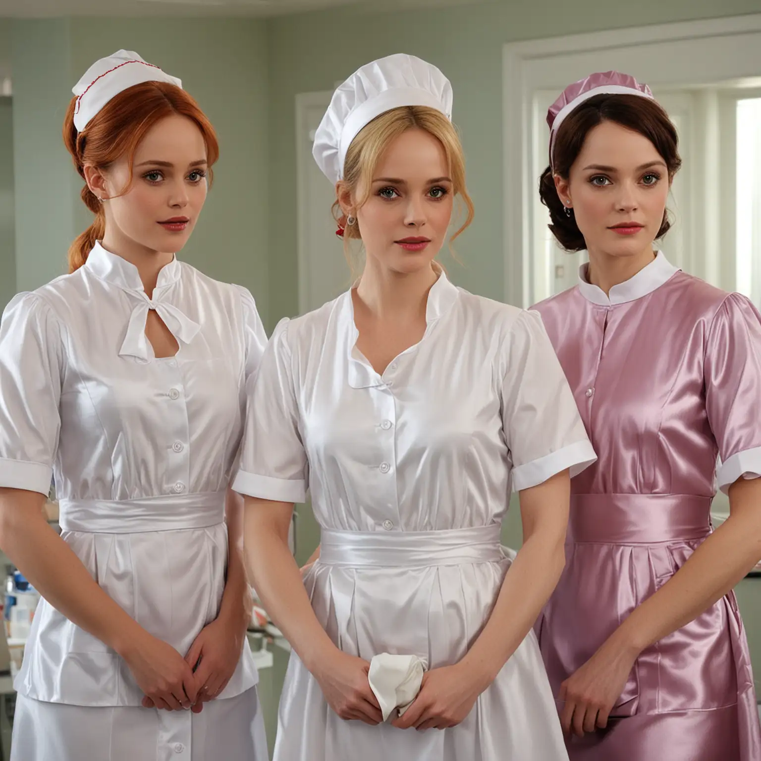 Mothers and Daughters in Modern Nurse Uniforms with Aprons and Caps