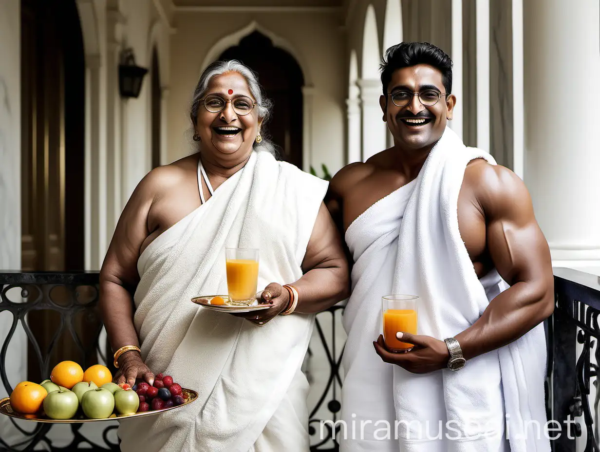 Indian Man and Woman in Luxurious Palace Balcony with Dog and Fruits