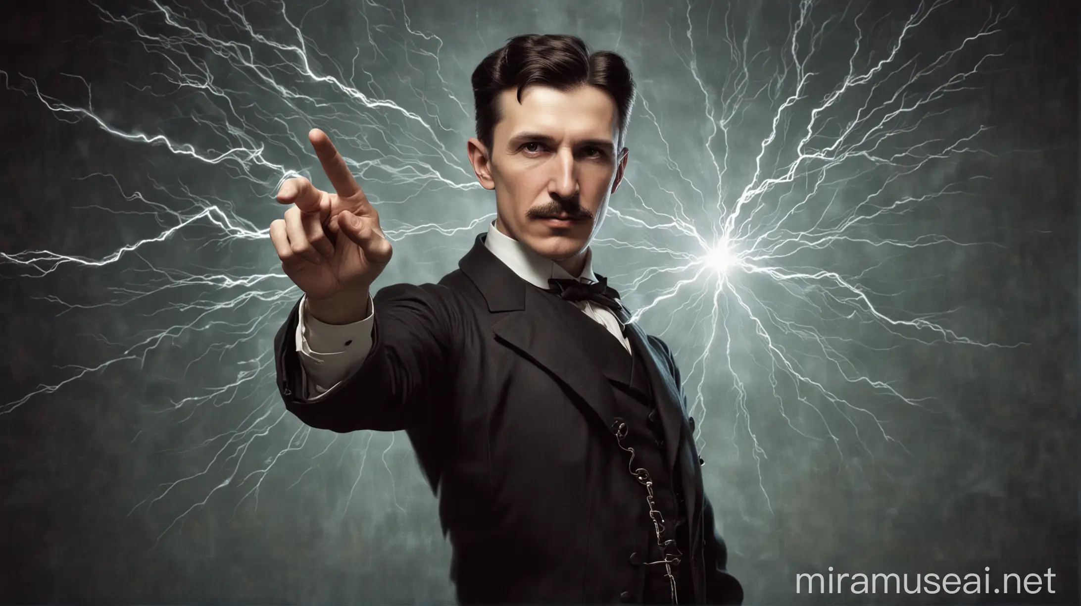 Nikola Tesla in Scientific Laboratory Pointing Forward