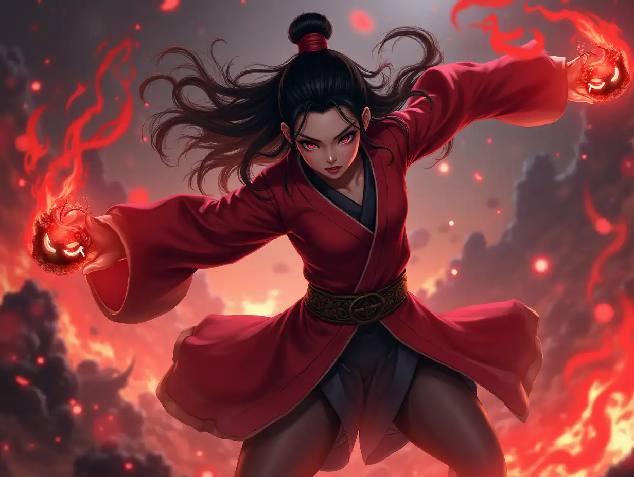 Create ki fantasy with a high-resolution, realistic image  Demon Slayer Nezuko Kamado fighting against the evil