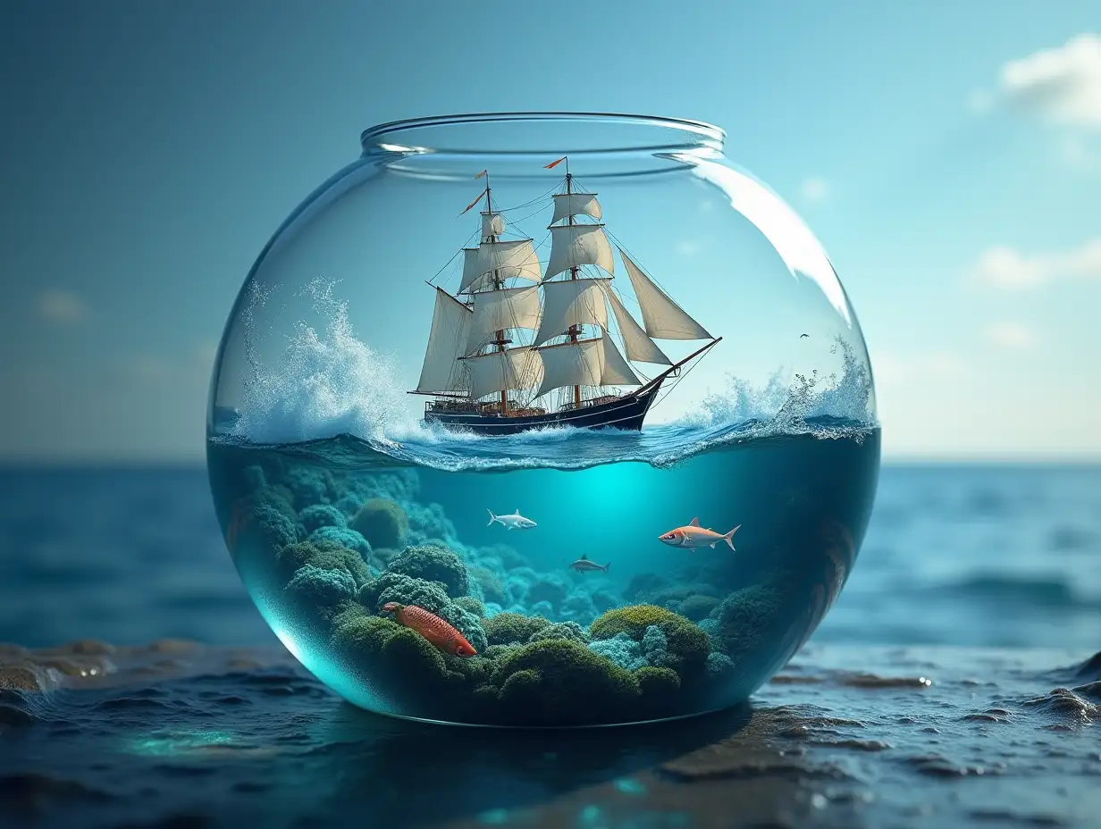 Create an oval glass container with an ocean with big waves, Fish under water, a large sailing ship and a 4K flash resolution