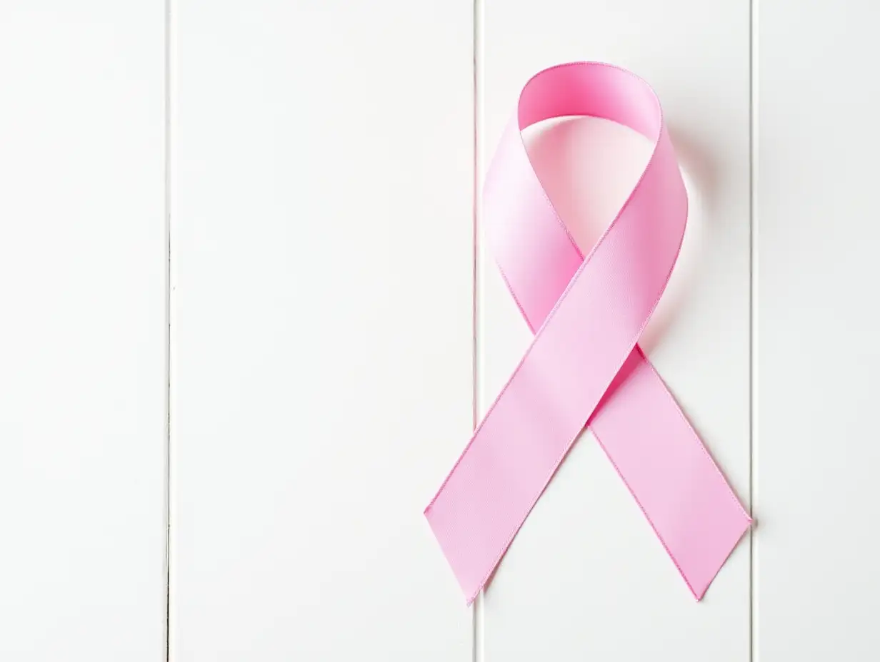 healthcare and medicine concept. pink breast cancer awareness ribbon on wooden white background