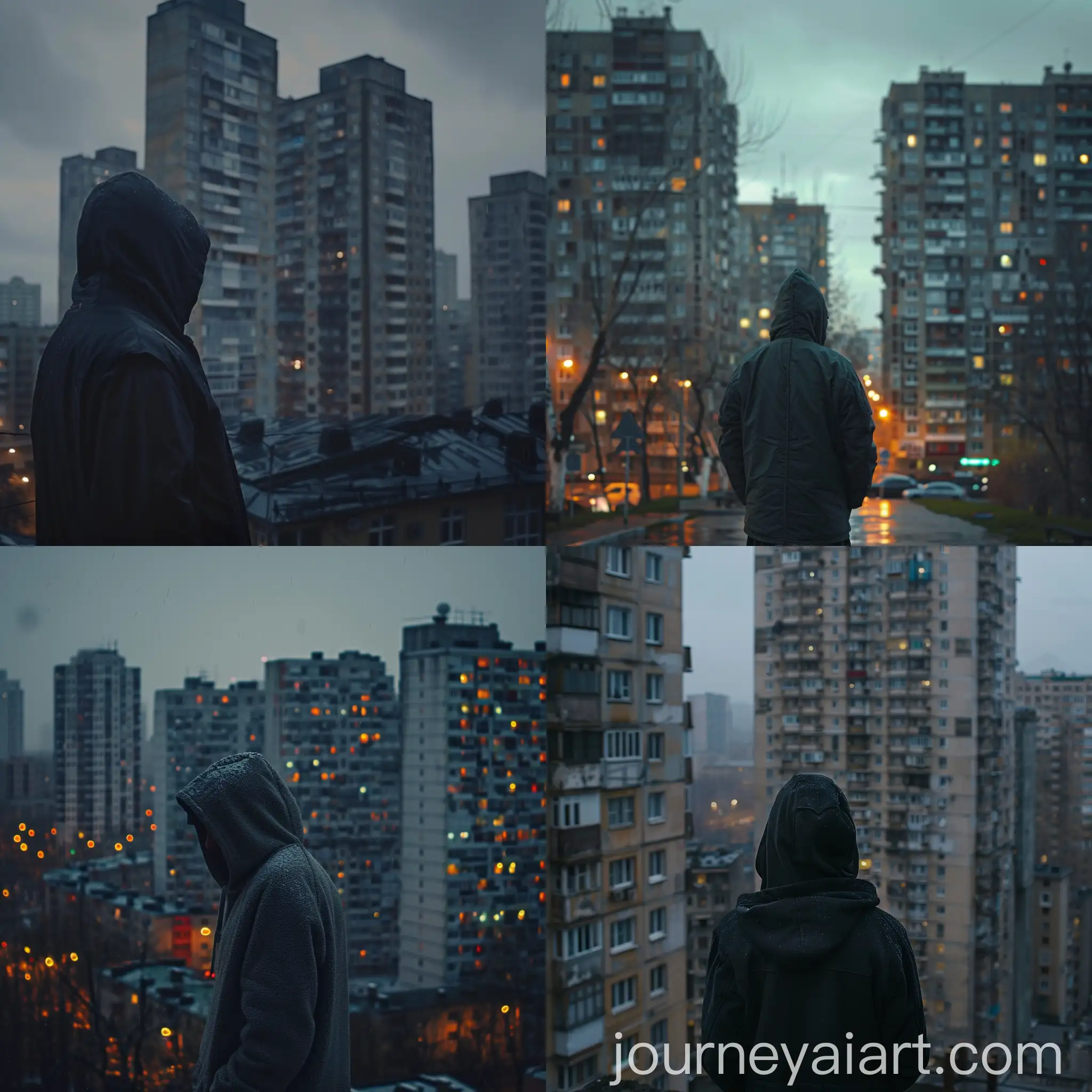 Person-in-Hoodie-at-Dusk-near-Soviet-Highrise-Buildings