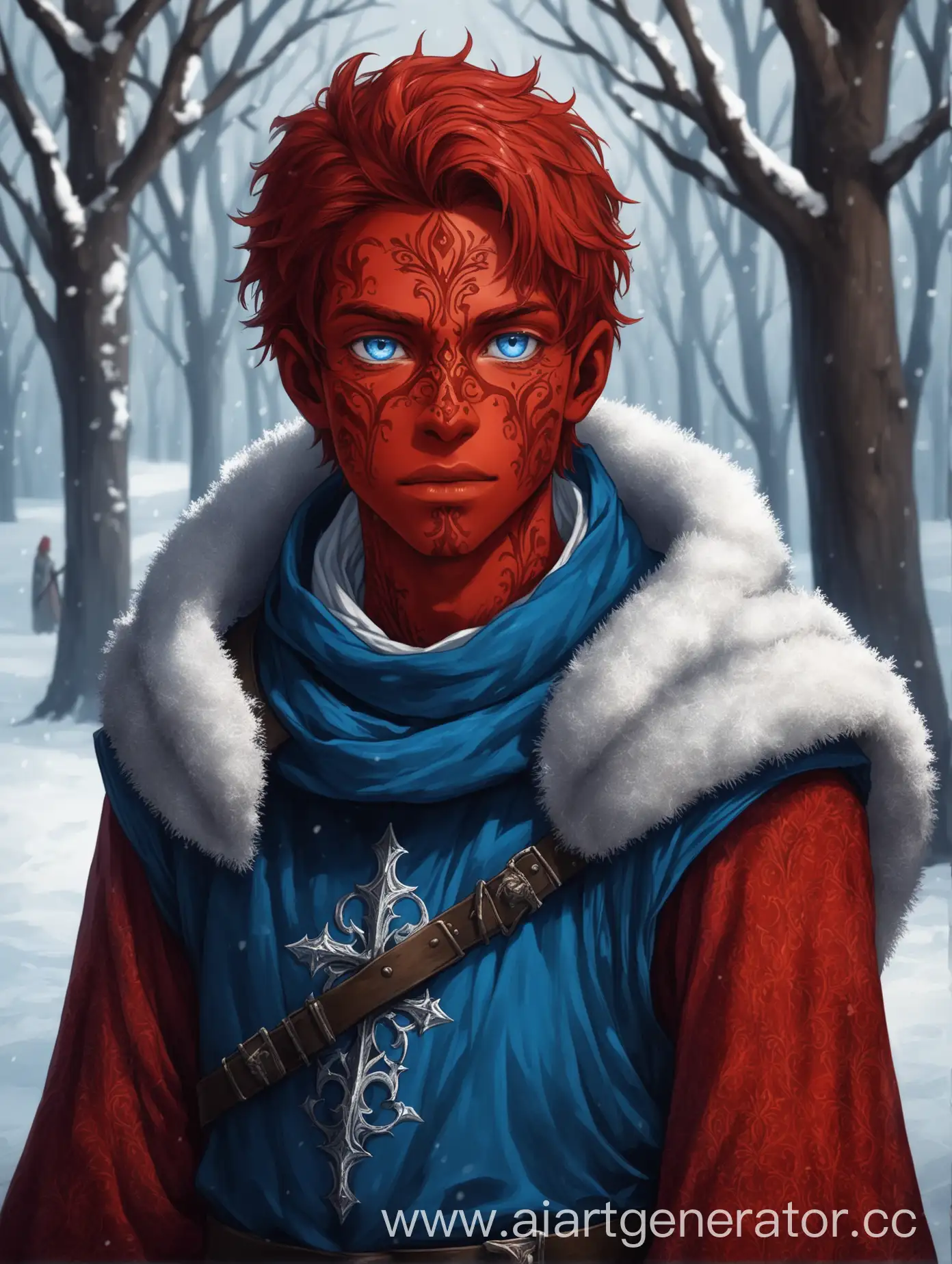 Young-Man-with-Red-Skin-and-Blue-Eyes-in-a-Medieval-Winter-Setting