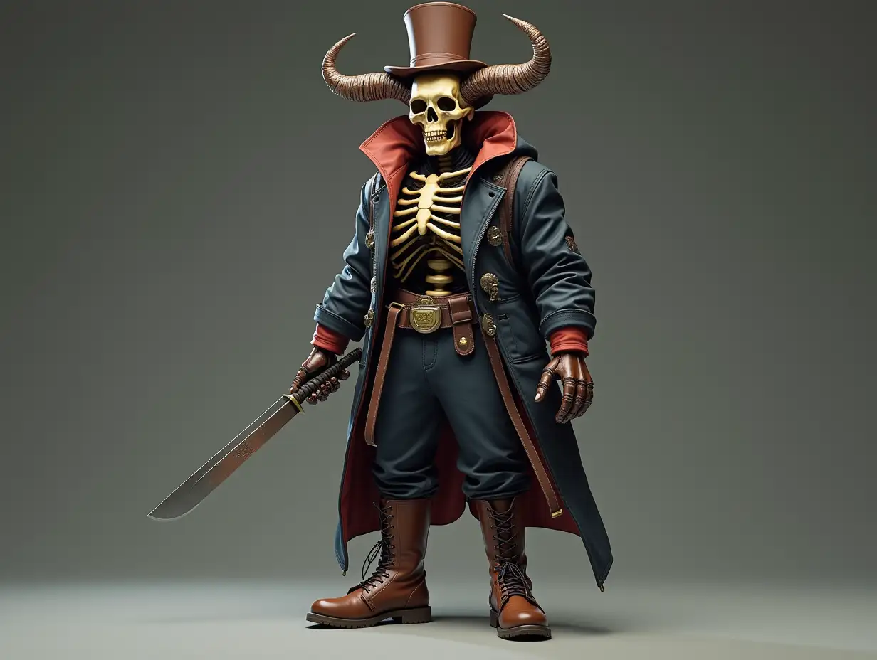 Create a high-resolution, realistic image of a robot with a skeleton body, brown leather boots and head wearing a fashionable tracksuit, holding a knife in one hand and a top hat and horn in the other in 4K resolution