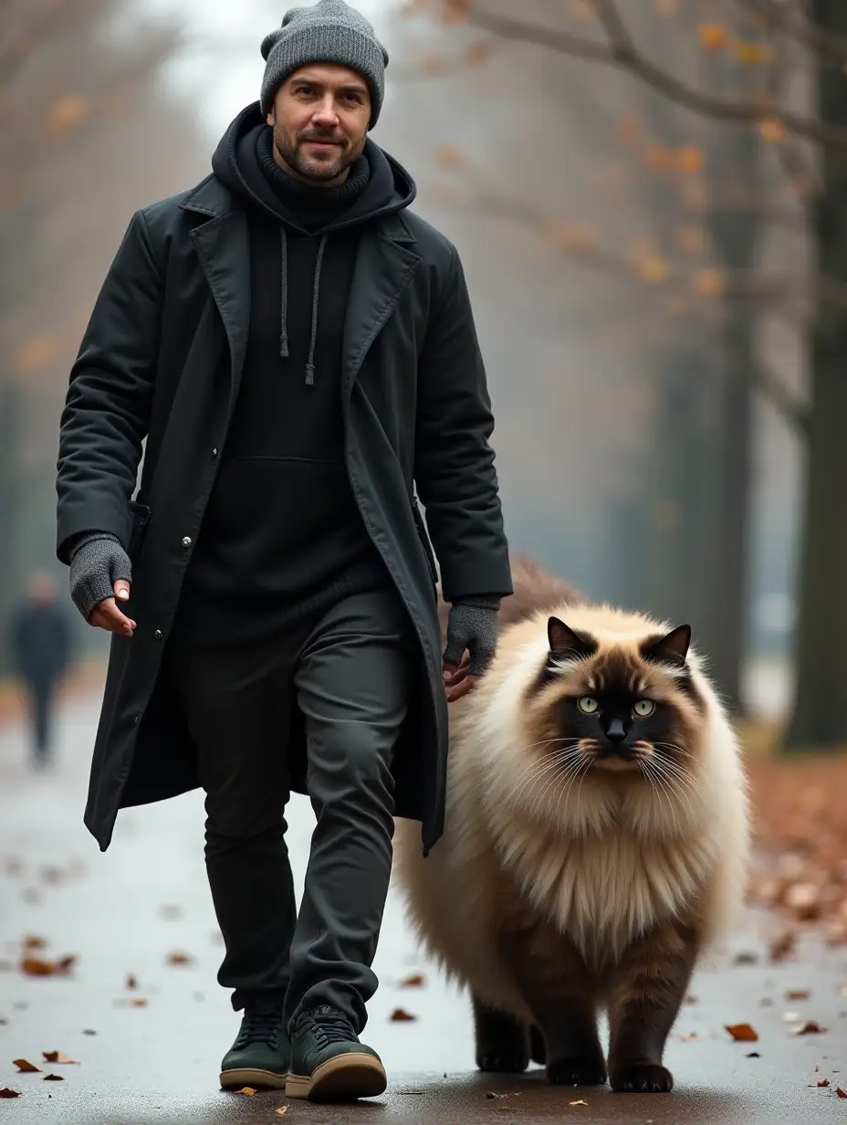 A man in casual black clothes is walking with a very giant angora cat together