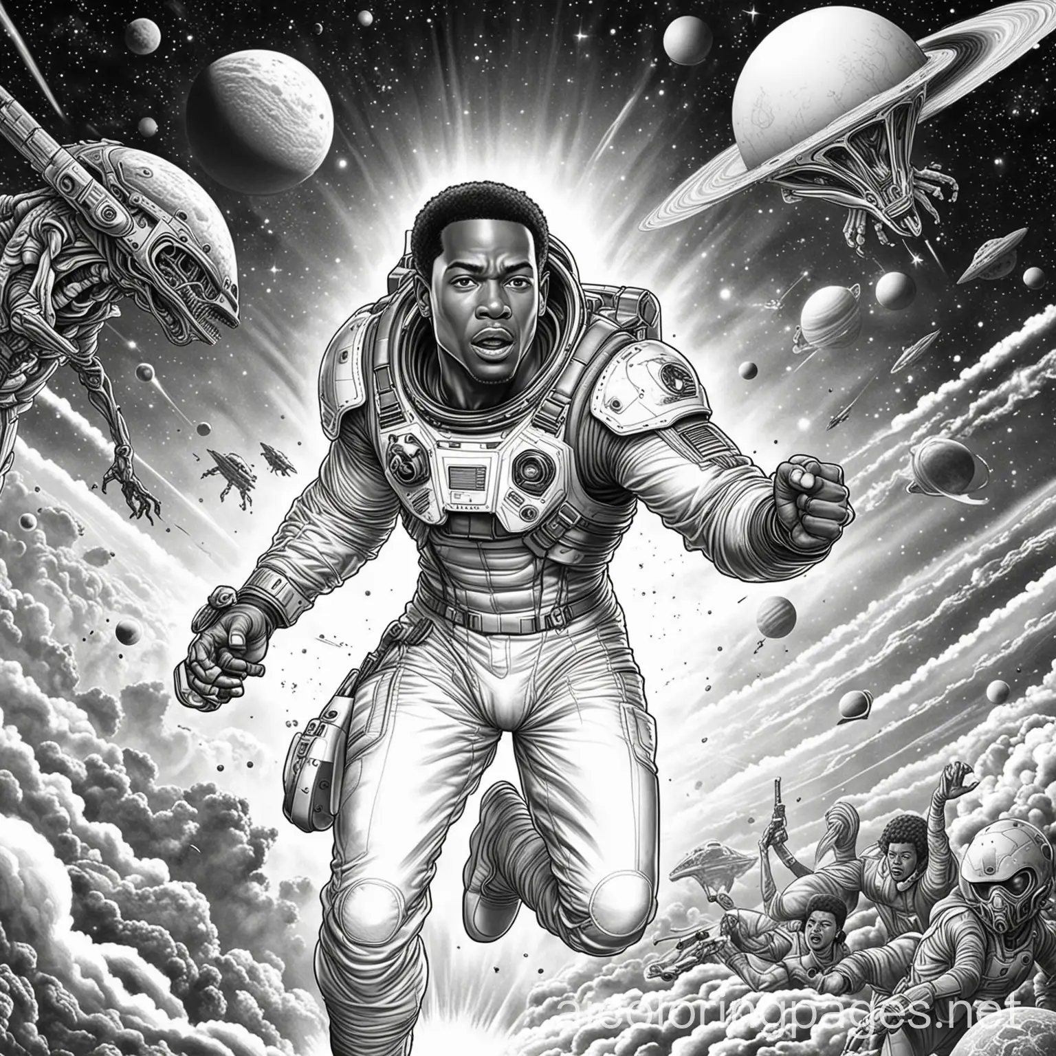 a african american adult male fighting aliens in space, Coloring Page, black and white, line art, white background, Simplicity, Ample White Space. The background of the coloring page is plain white to make it easy for young children to color within the lines. The outlines of all the subjects are easy to distinguish, making it simple for kids to color without too much difficulty