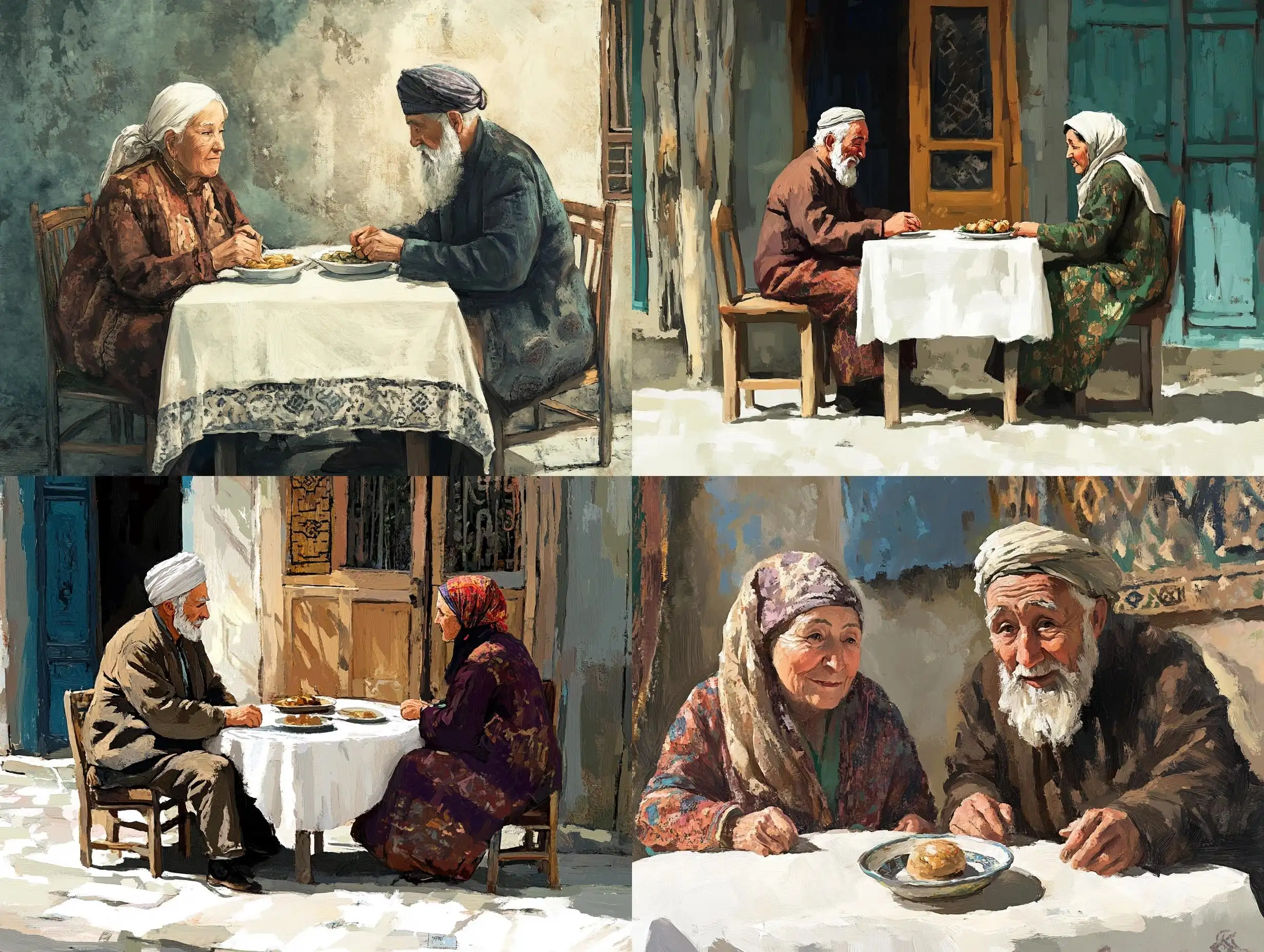 Uzbek-Elderly-Couple-Sitting-at-Empty-Table-with-White-Tablecloth