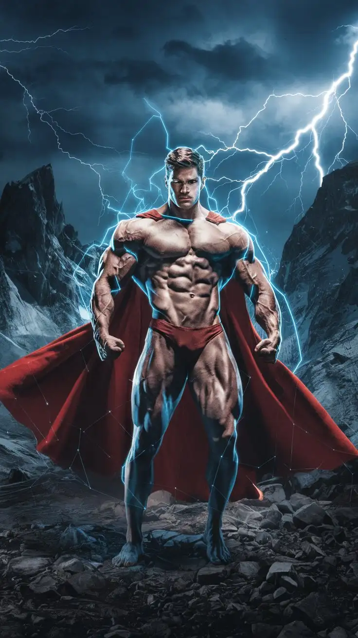 On a secluded mountain range. Supercharged brawn. Herculean powers. Blue electrical glow. 24-year-old musclegod bodybuilder superhero stands bellowing triumphantly in a lightning storm. Warrior of virtue. Hero of power. Man of destiny.