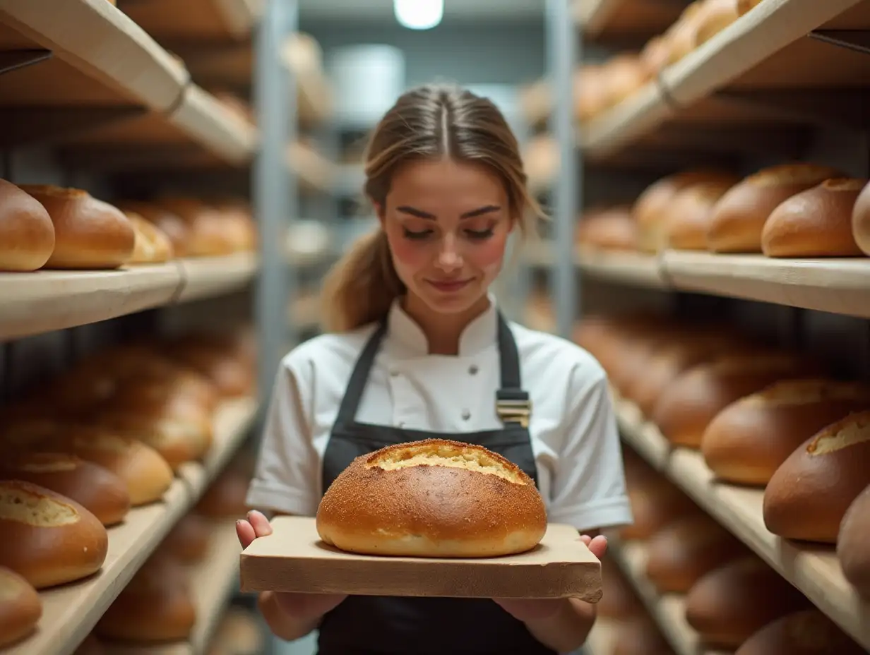 Attentive-Female-Baker-Inspecting-Freshly-Baked-Bread-in-Bakery