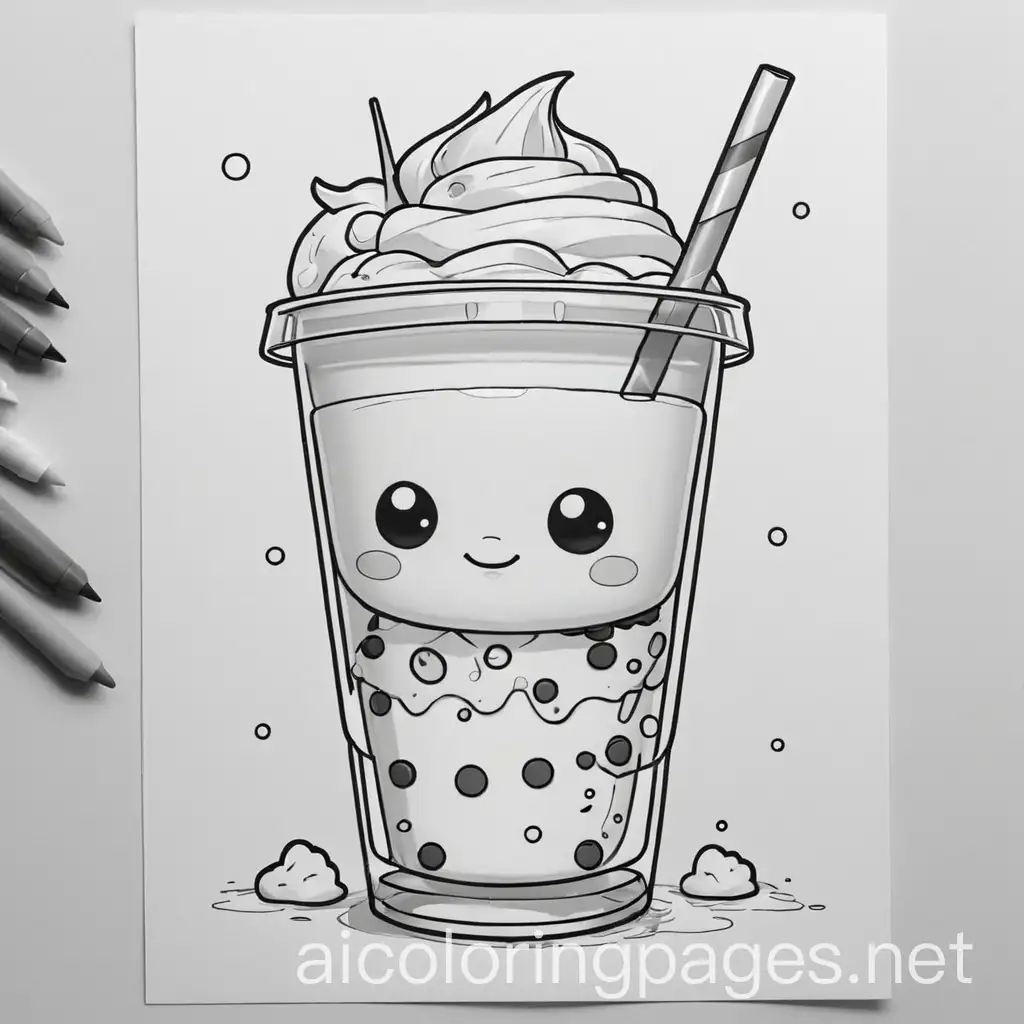 kawaii coloring page a boba tea, bold and easy, Coloring Page, black and white, line art, white background, Simplicity, Ample White Space. The background of the coloring page is plain white to make it easy for young children to color within the lines. The outlines of all the subjects are easy to distinguish, making it simple for kids to color without too much difficulty