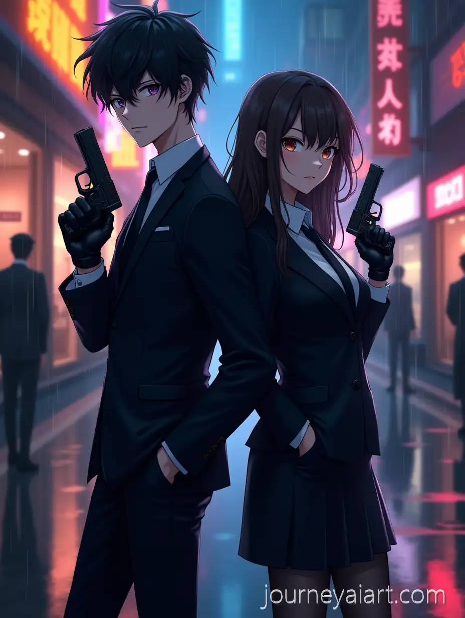 Couple-of-Modern-Spies-in-NeonLit-Rainy-Alley-with-Handguns