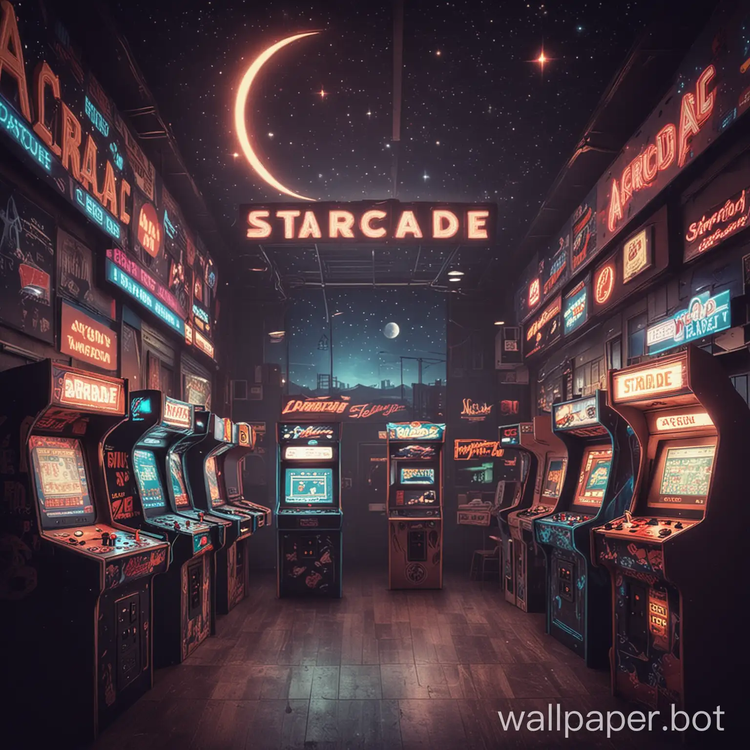 I want an aesthetic retro arcade backgound, I want it to have a space/stars/crescent moon theme and I want the words "Starcade" to be on some of the arcade marquees.
