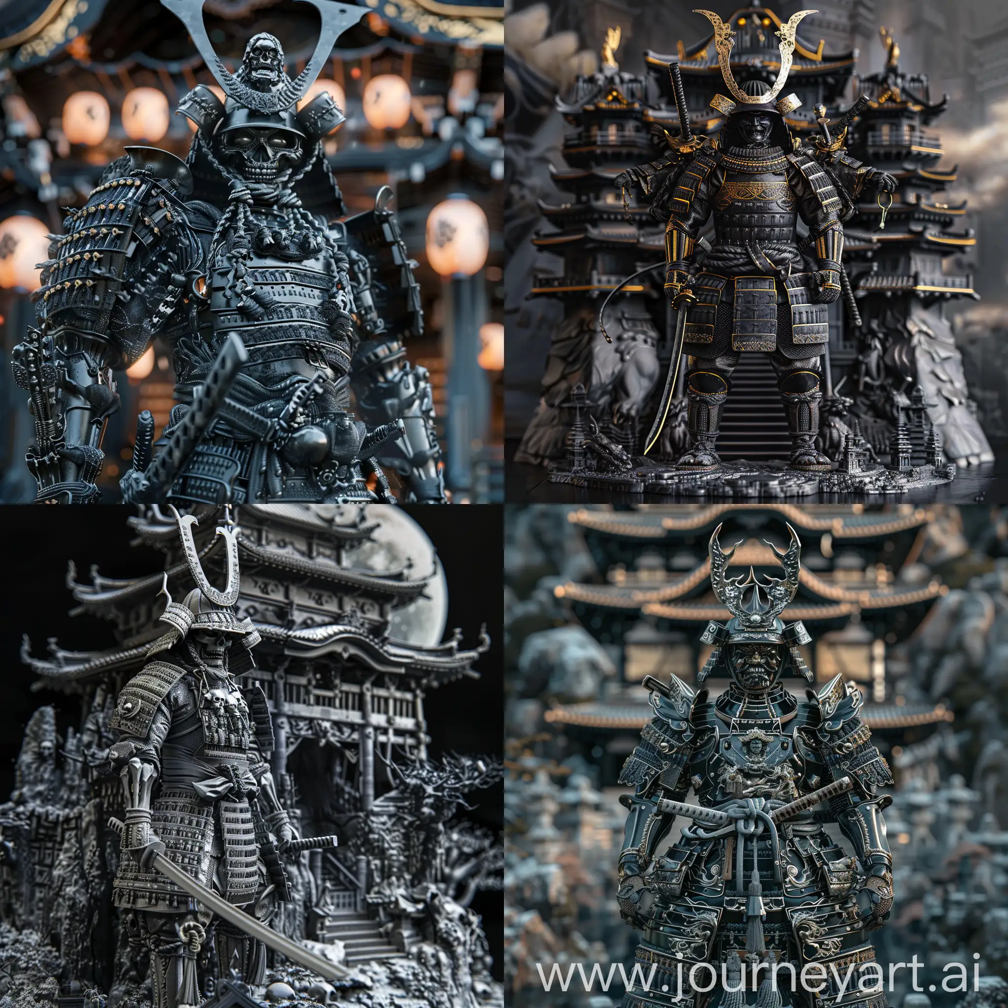 Futuristic-Samurai-Sculpture-in-HR-Giger-Style-Amidst-Japanese-Castle-Night-Scenery