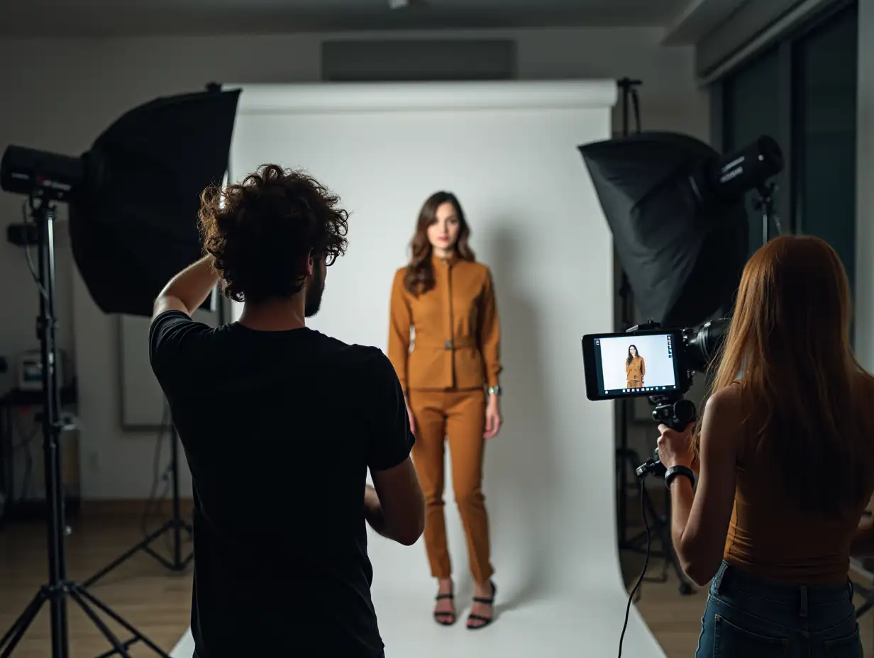 A professional photographer and a model preparing for a photo shoot in a well-equipped photography studio...
