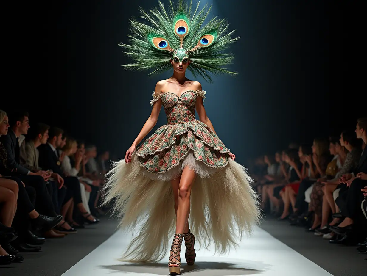 Ki-Fantasy, a mixture of woman-and peacock head design with beautiful shoes at a fashion show