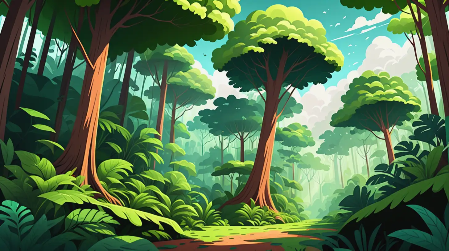 Kawaii style, a cute, adorable, simple vector illustration of a landscape, no shadows, no gradients, no gray shading, no outlines, flat color, clean lines, and sharp edges. High-resolution, high-detail clip art, friendly and colorful environment, cartoon style, flat design, bright and vibrant. südamerika, A dense cloud forest with tall trees, lush greenery, and patches of sunlight filtering through the canopy.