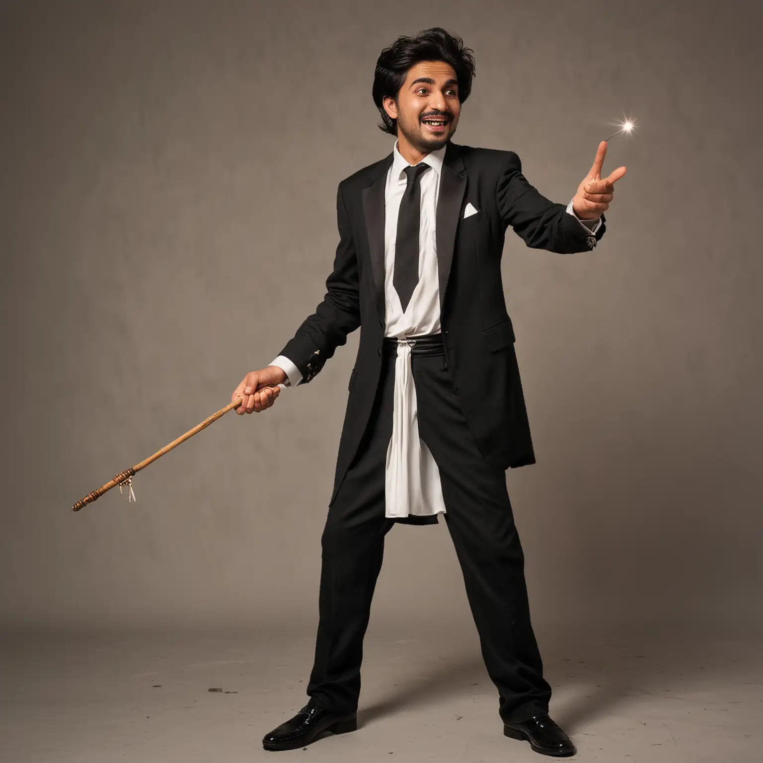 Pakistani magician swings his wand. He chuckles mischievously.