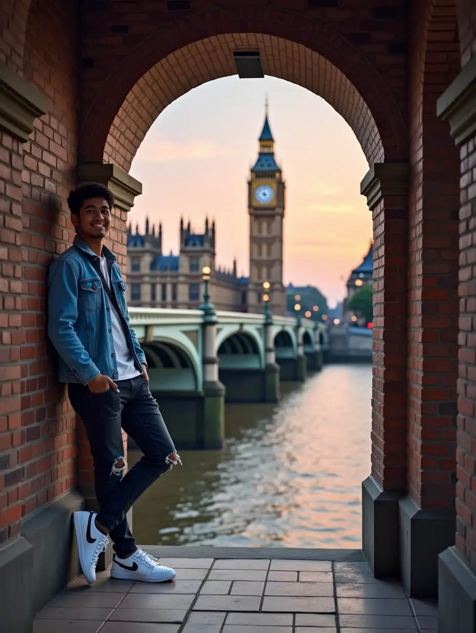 Young-Indonesian-Man-Under-Archway-with-Big-Ben-in-Background-at-Sunrise-or-Sunset