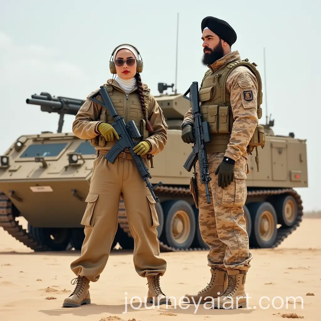 Russian-Military-Woman-Commander-and-Soldier-with-AK47-in-Desert-Fort-Near-Tunguska-M1-AntiAircraft-System