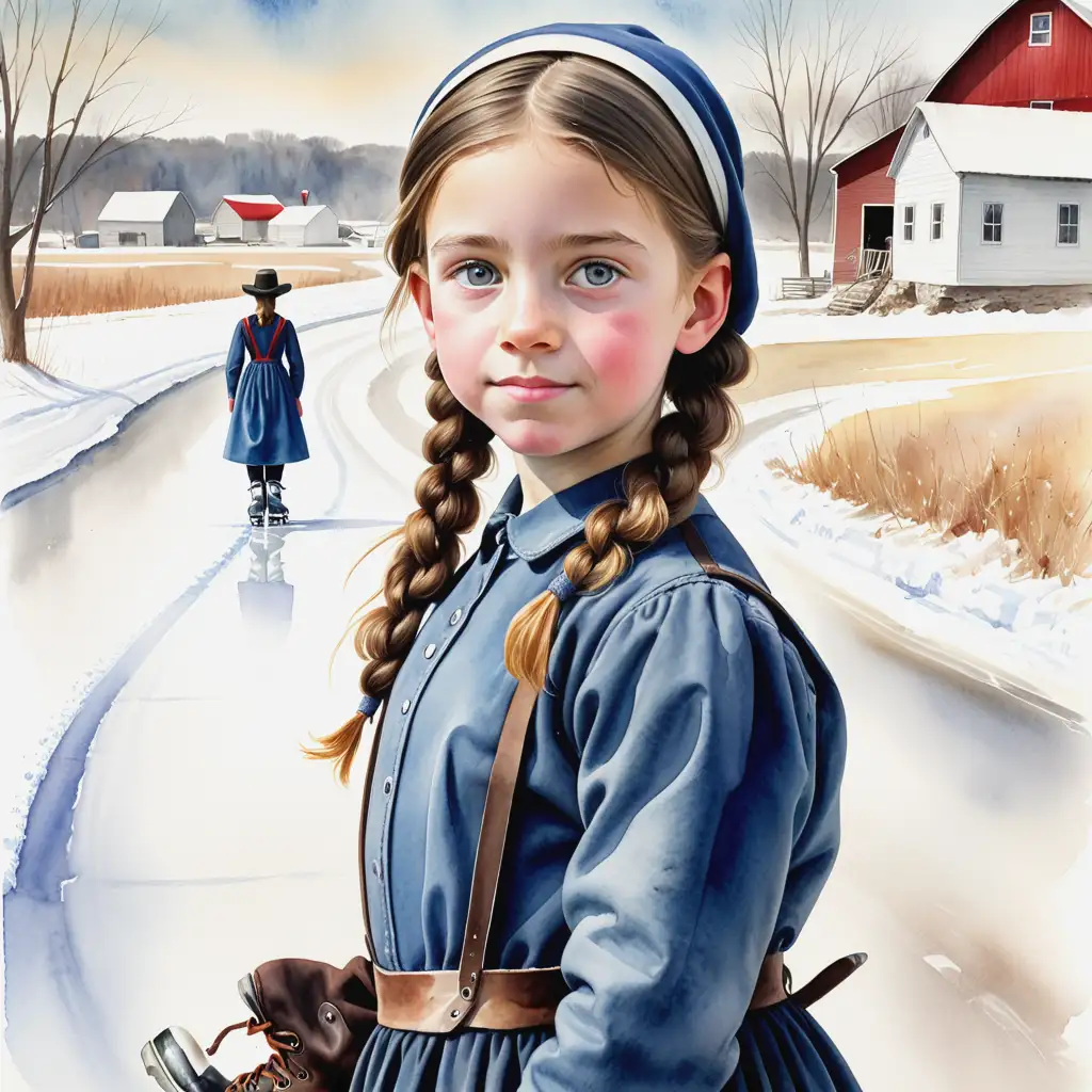 Watercolor Painting of a Young Amish Girl with Ice Skates