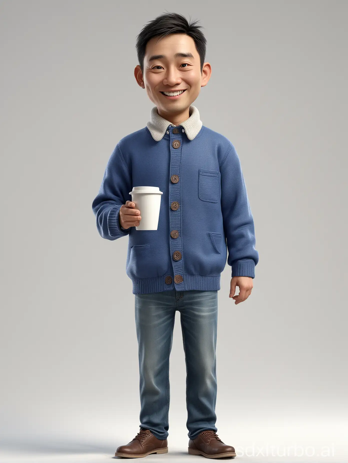 Full body, Caricature of chinese man, medium body size, thin hair, smiling expression, standing, holding a cup filled with coffee, wearing a blue sweater jacket, white background. Big head size. Realistic. 3D. HD