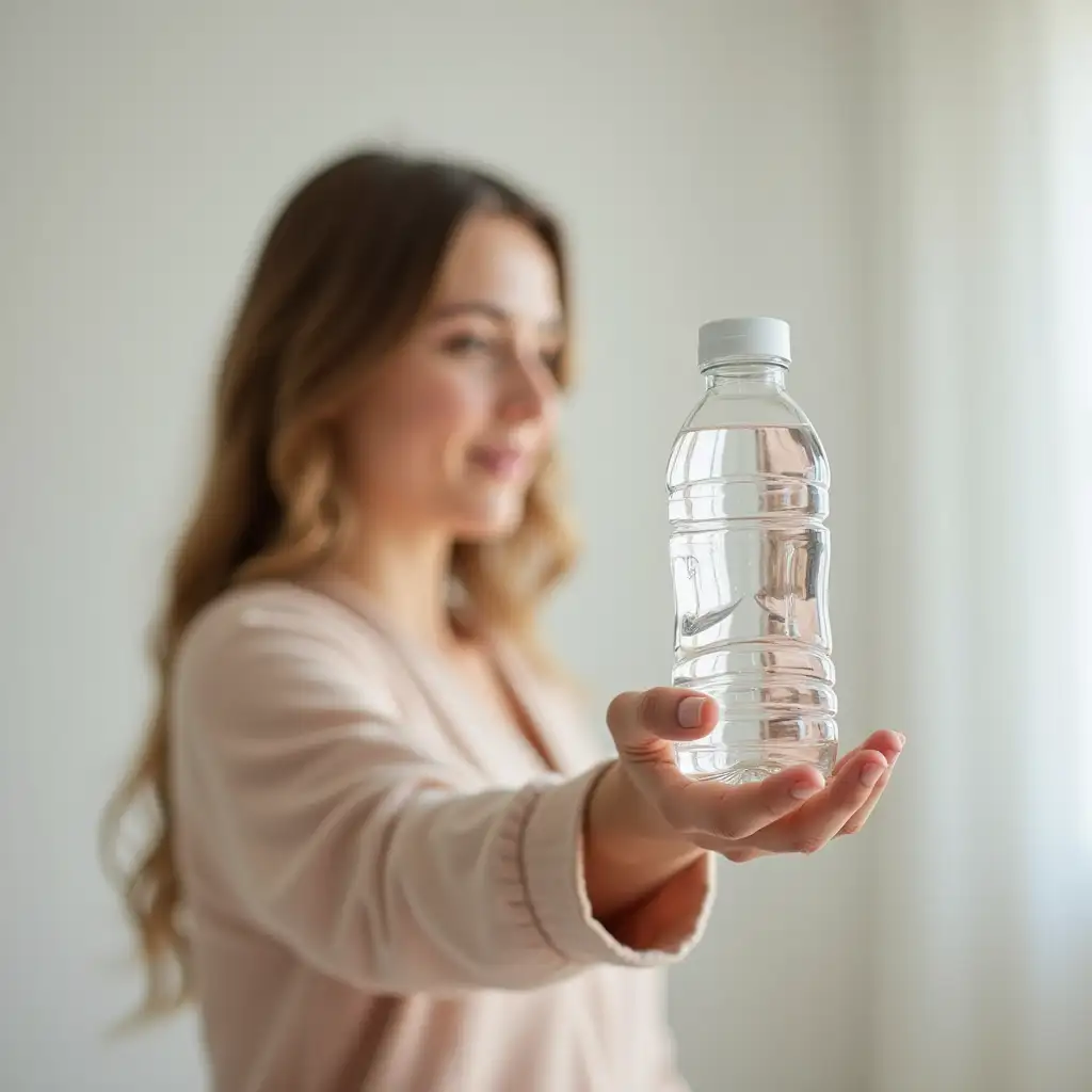 Image of a woman showing bottle water to me, no background