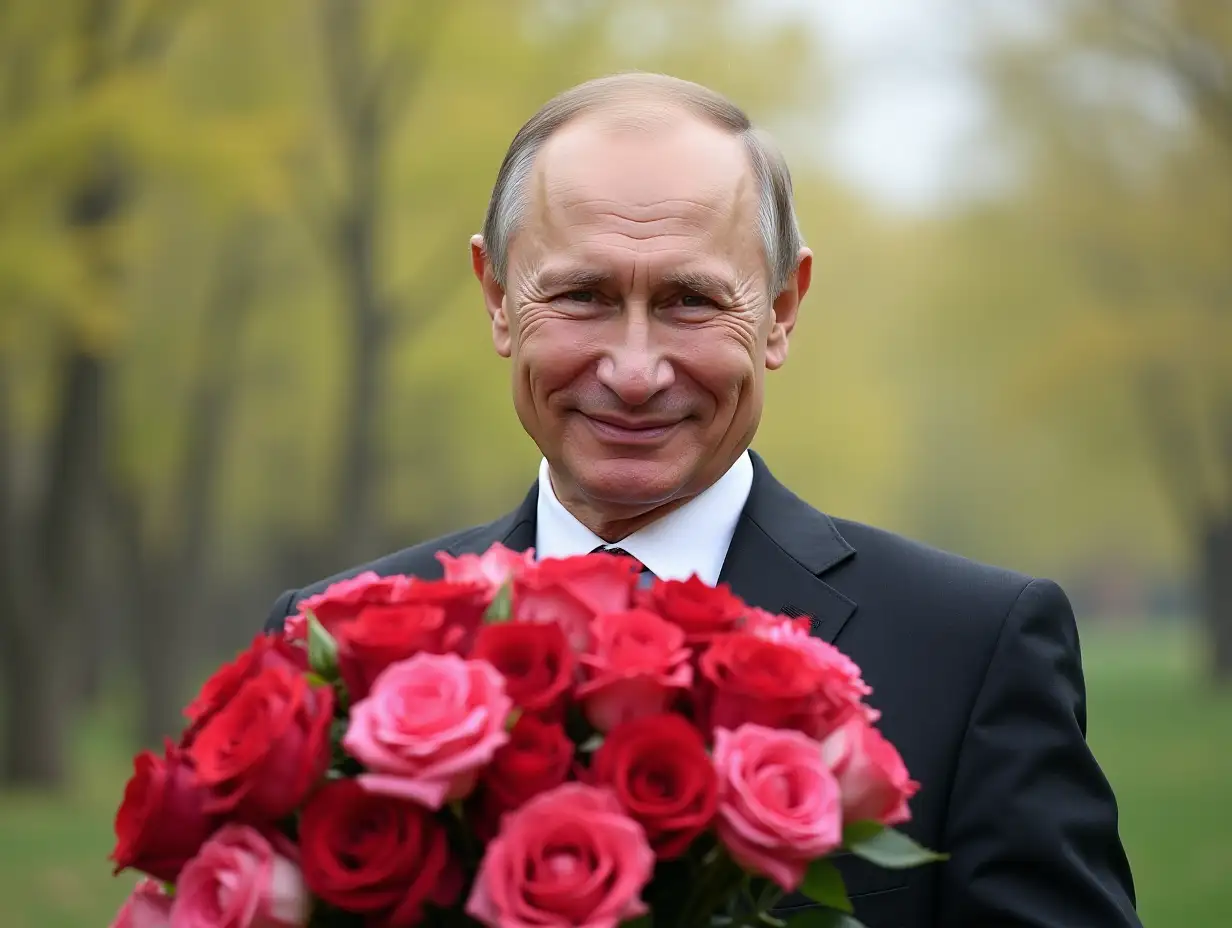 smiling Vladimir Vladimirovich Putin with a large bouquet of roses. spring background.